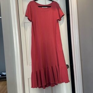 EUC Anthropologie Free People Beach Maxi Dress Coral Ruffle Pockets Sz XS